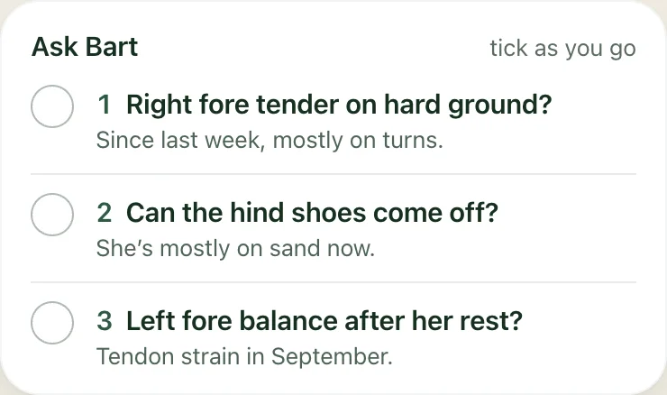 Three example questions for the farrier, from the revised app design.