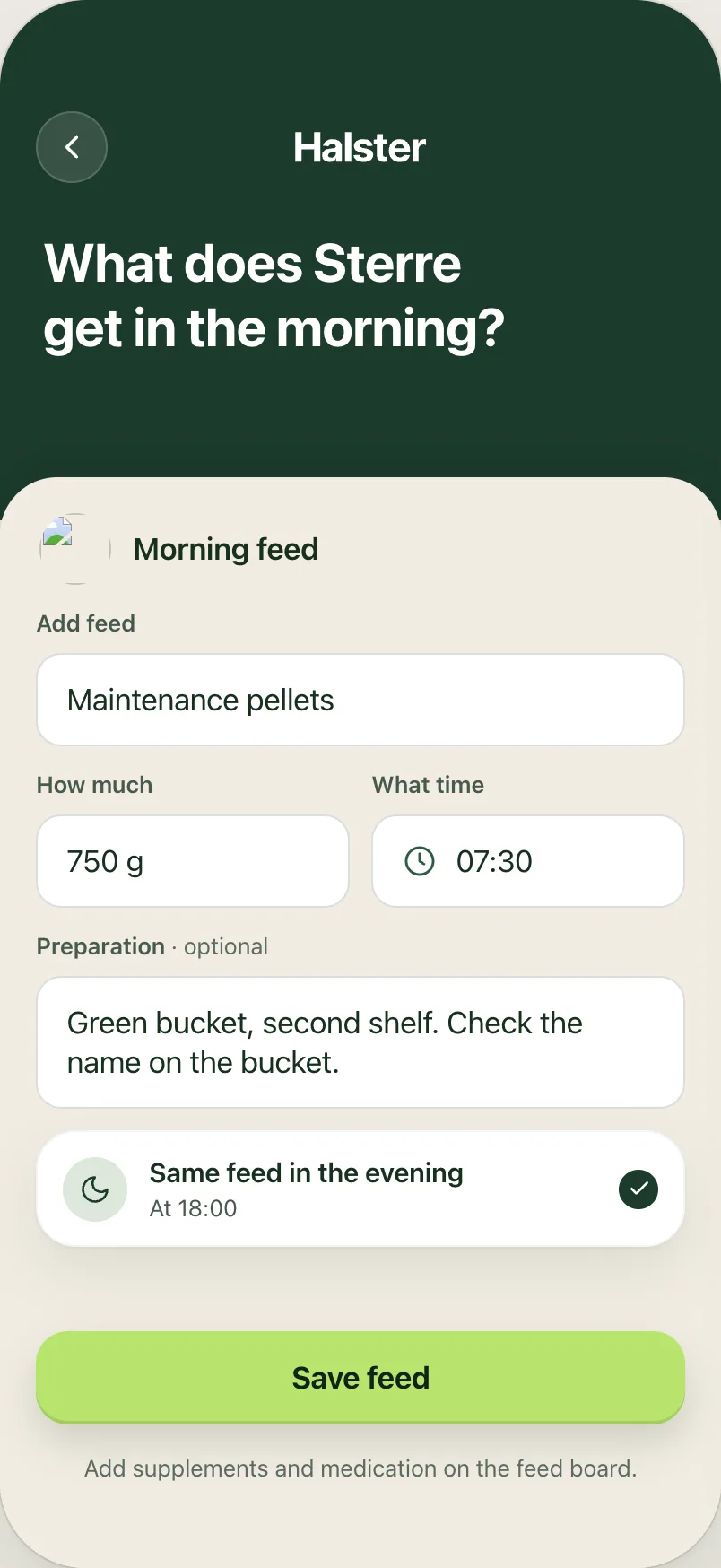 Morning feed design with quantity, time and preparation fields.