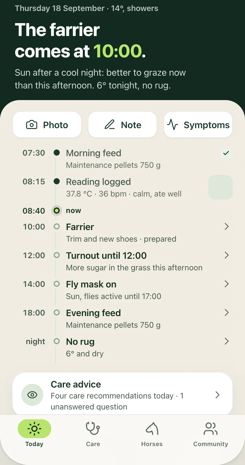 Today design showing Sterre’s feeds, a recorded measurement and a farrier appointment.