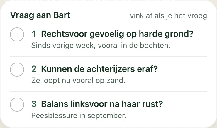 Drie voorbeeldvragen voor de hoefsmid, uit het herziene appontwerp.