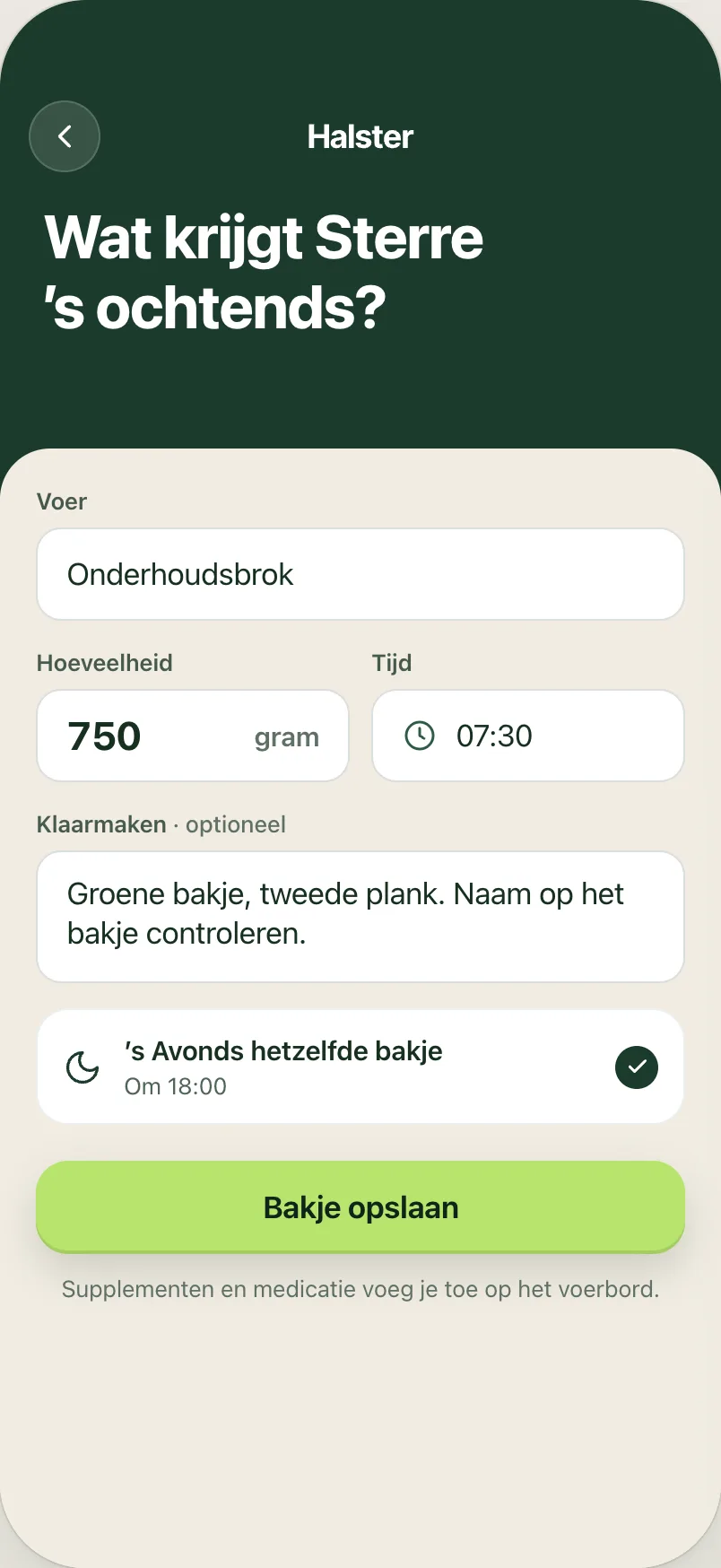 Ontwerp voor het vastleggen van een ochtendbakje met hoeveelheid, tijd en bereiding.